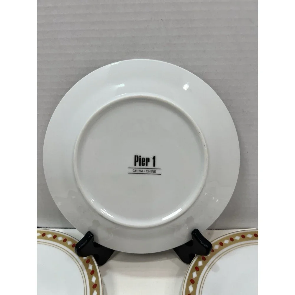 Pier 1 Import 4 Holiday Salad Dessert Plates White Gold Red Green Snowflake 7.5”